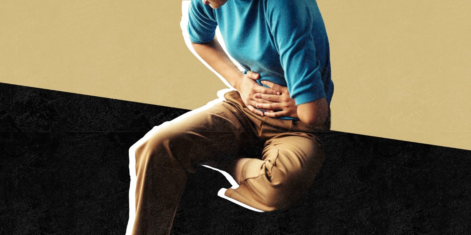 A person holds their midsection - indicating UTI discomfort and pain - over a stylized gold and black background. 