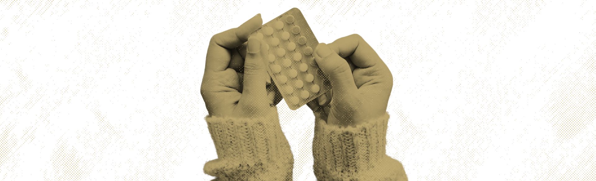 Graphic image: Gold-hued hands holding a pack of pills